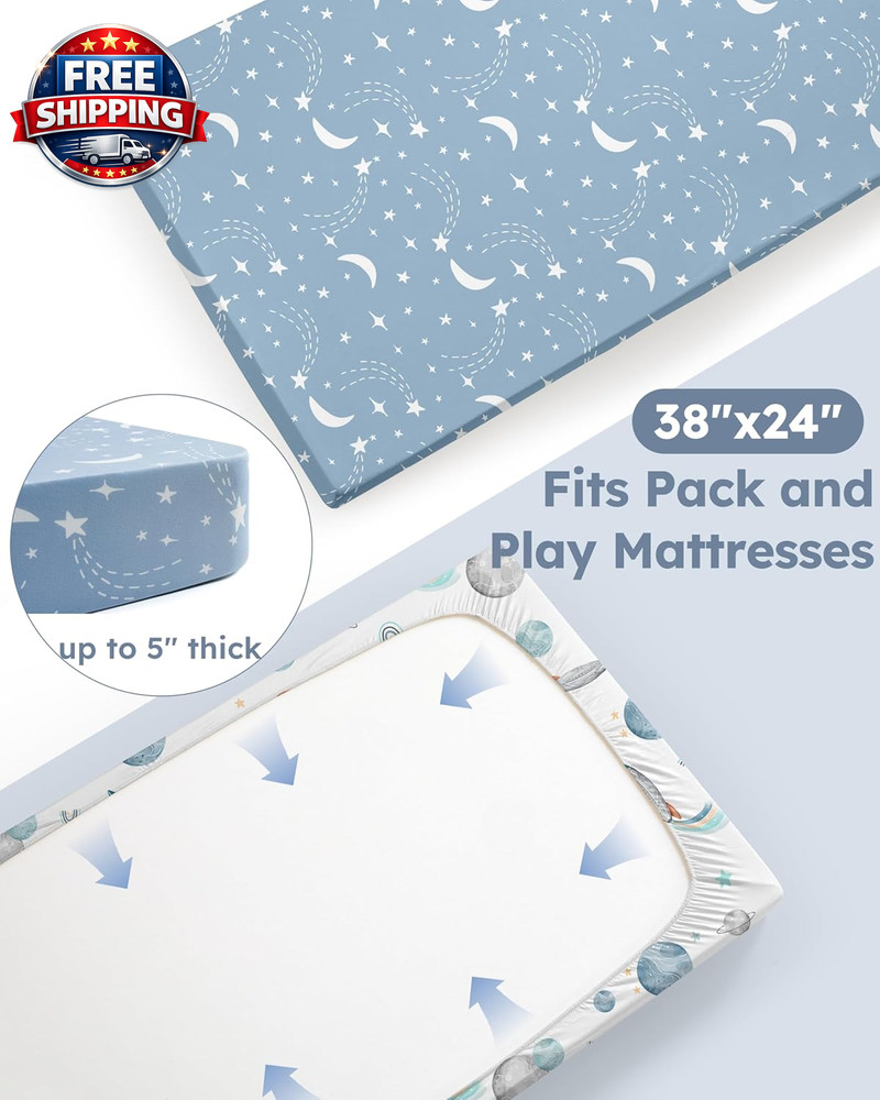 Blue Rocket Pack and Play Sheets for Mini Crib, 2-Pack Fitted Soft Sheets