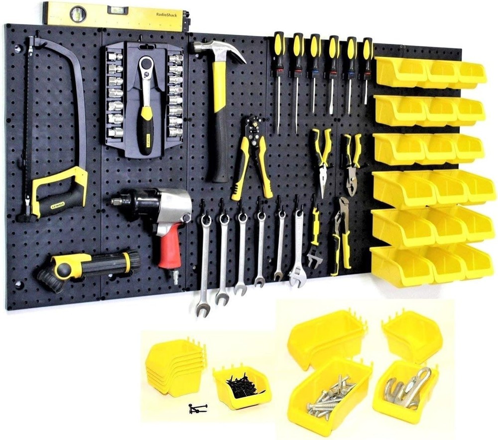 Heavy Duty Pegboard Bin Kit 36pc Yellow - Garage Workshop Craft Organizer