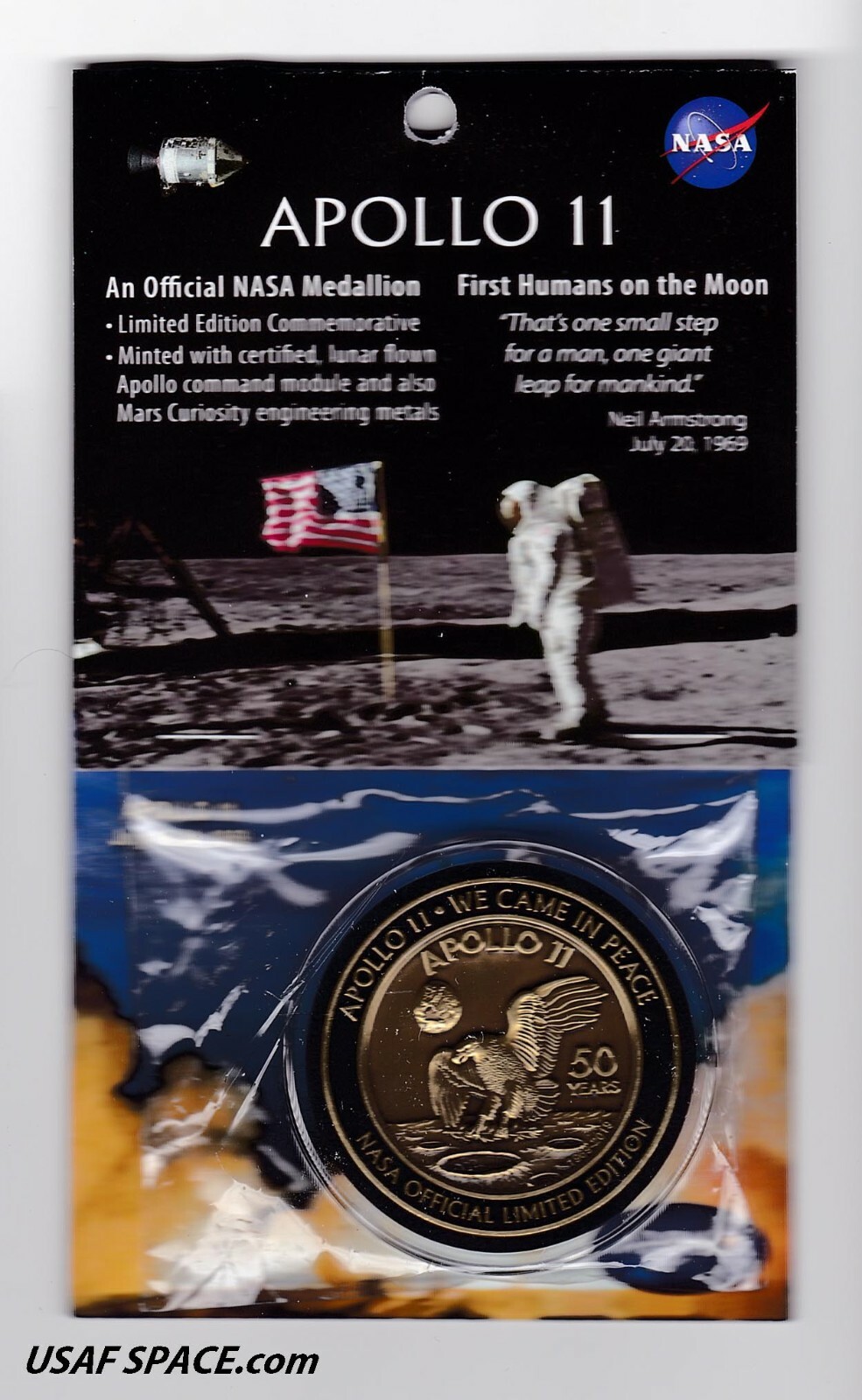 APOLLO 11 50th Anniversary-BACK TO THE MOON-LUNAR FLOWN METAL MEDALLION - W/COA