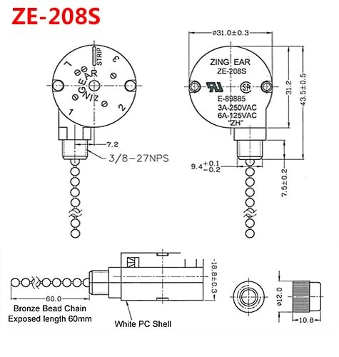 Ceiling Fan Switch Zing Ear ZE-208s E89885 3 Speed 4 Wire Pull 1 Piece Brass