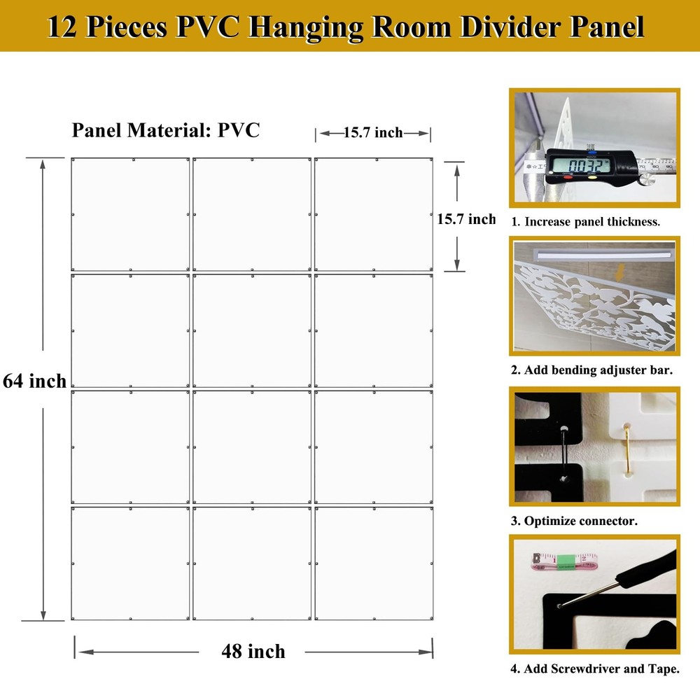 Solid Hanging Room Divider,12 Pieces Solid Board Screen Panels White Home Dec...