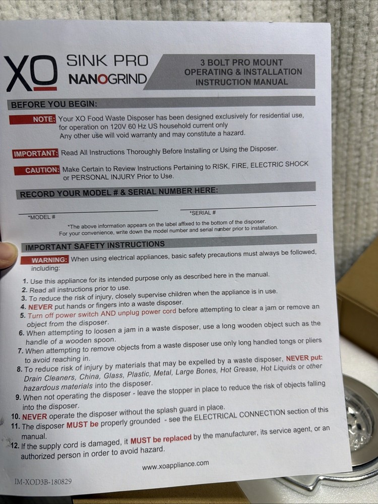 XO Sink Pro Nanogrind 1 HP Batch Feed Disposer Model XOD1PRO Open Box New