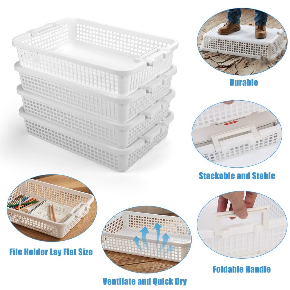 4 Pack Plastic Basket for Organizing, Stackable A4 Paper Trays with Handle, T...