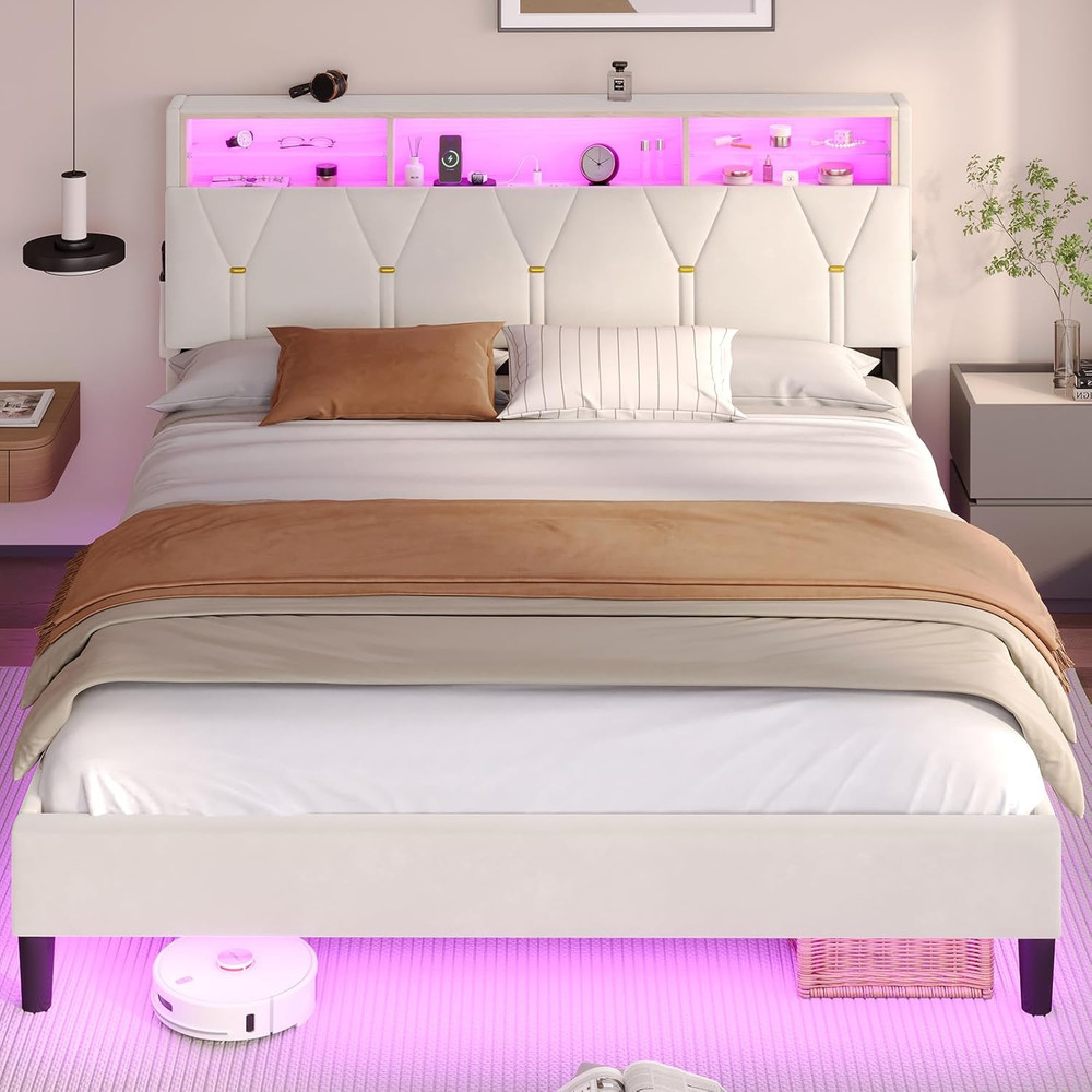 BTHFST Full Size Bed Frame with Headboard Storage & LED Lights, Platform Bed Fra