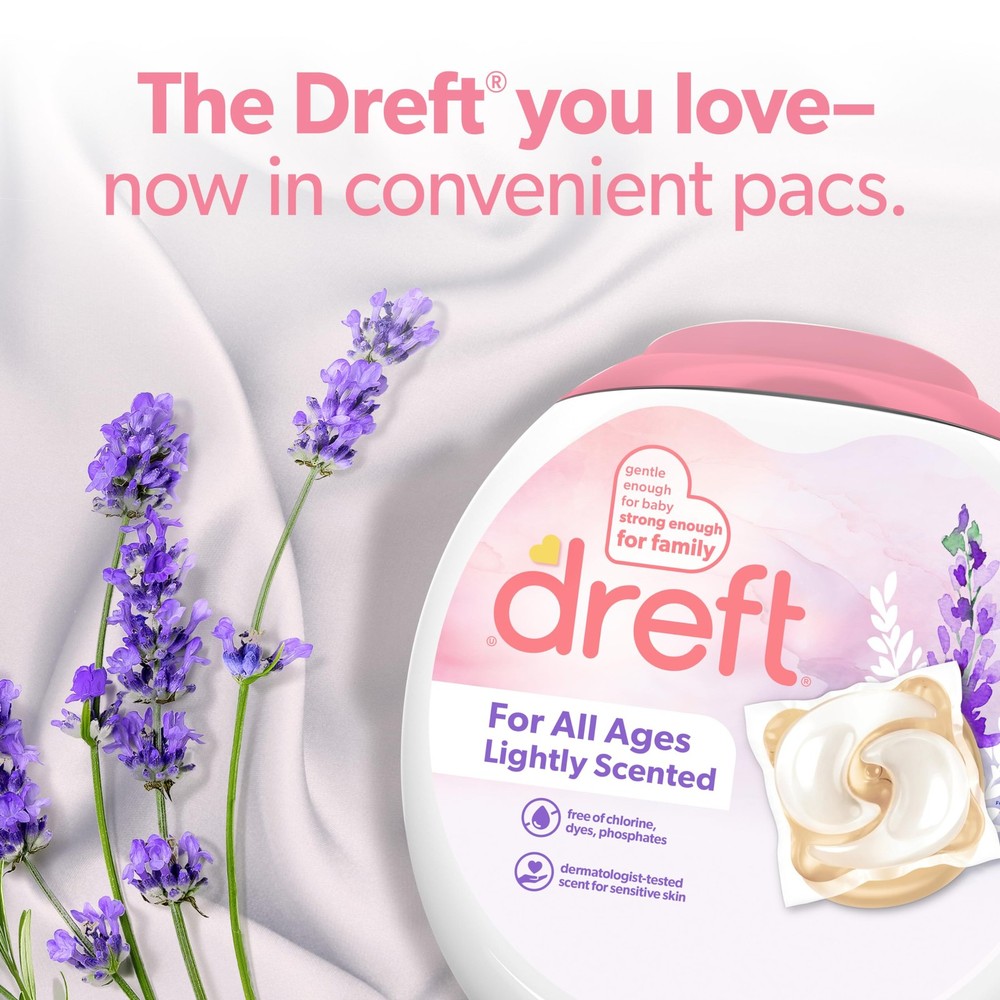Dreft Laundry Detergent XL Pacs, Light Scent, Lavender, 18 Count