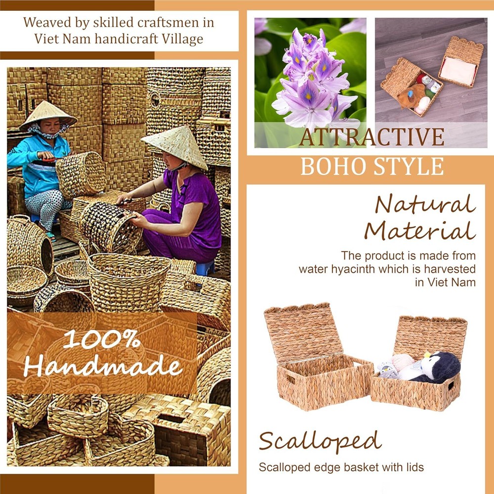 Rectangular wicker storage basket with built-in handles, set of 2