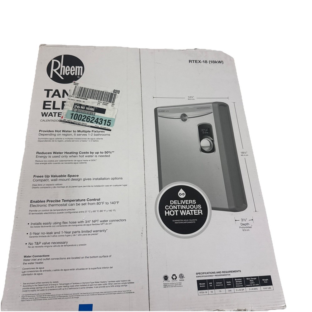 RHEEM RTEX-18 PROFFESIONAL Tankless Instant Electric Water Heater 240VAC, 18Kw