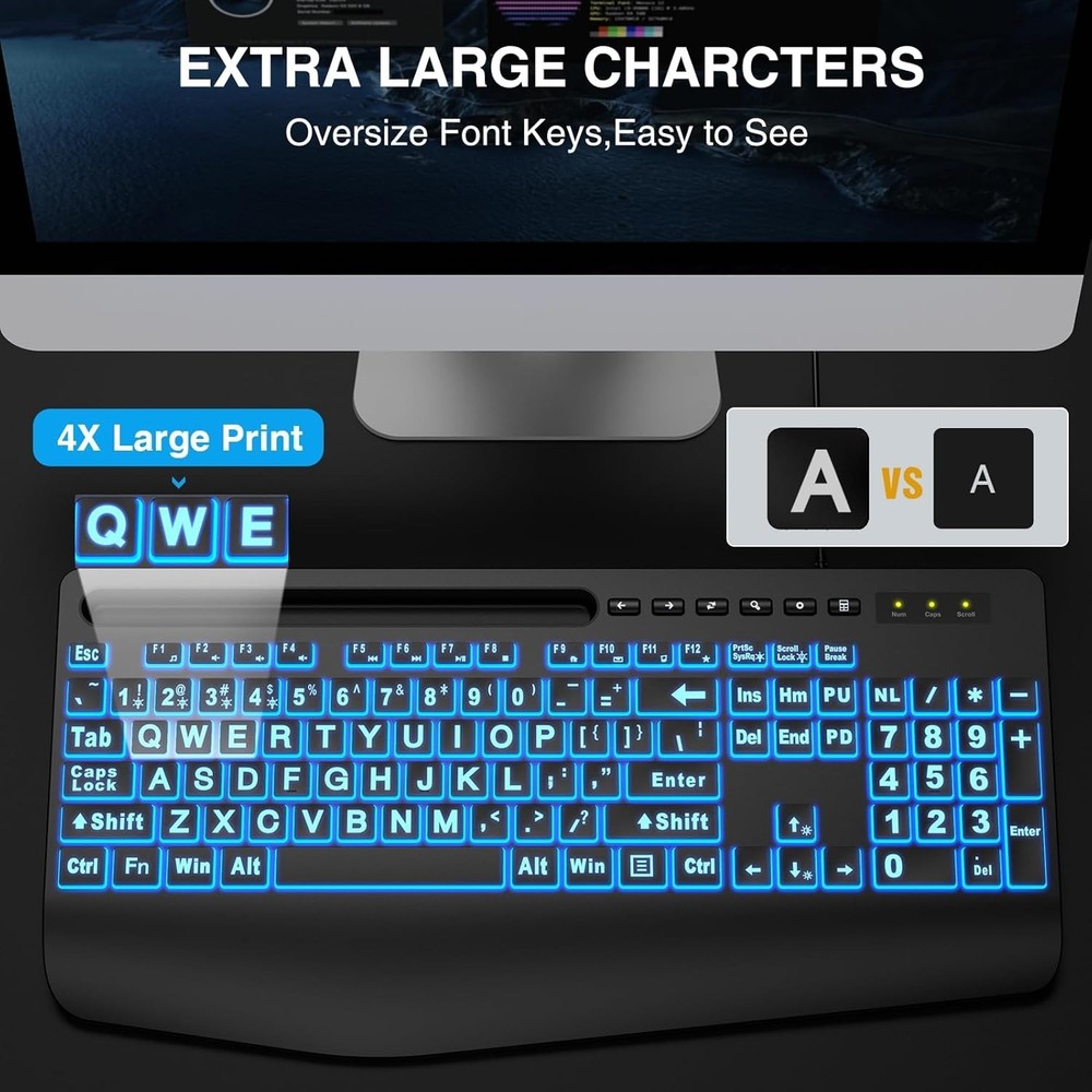 Large Print Backlit Keyboard, Wired USB Lighted Computer Keyboard-7 colors