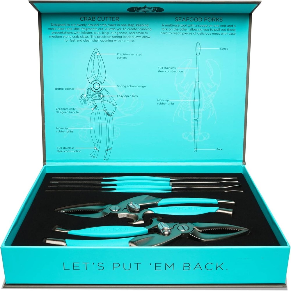 Crab & Lobster Seafood Tool Set - 2 Shell Crackers With Cutters & 4 Multi-Use...