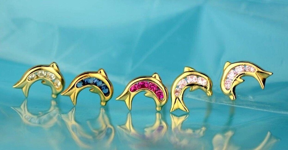 14k Yellow Gold CZ Dolphin Stud Earring