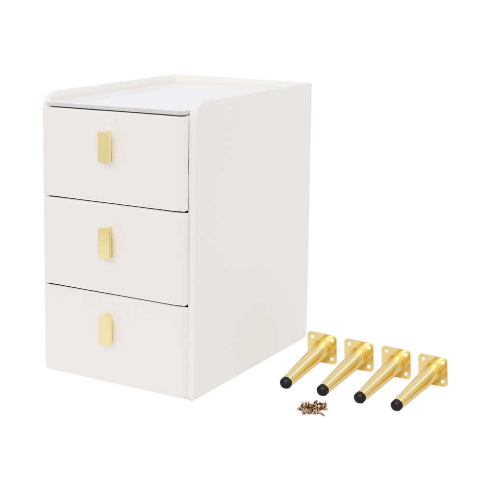 3 Drawer Narrow Side Table - Leather & Wood, Titanium-plated, Rectangular Modern