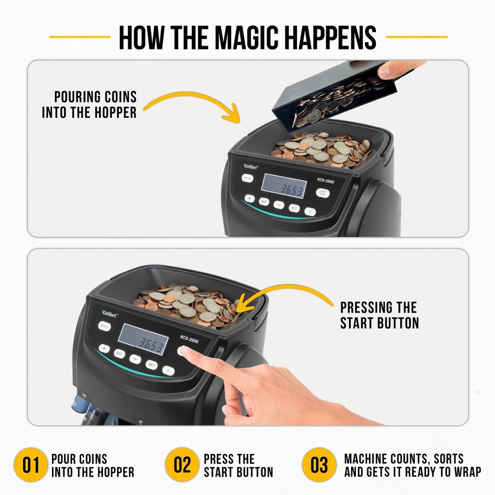 Kolibri KCS-2000 Professional USD Coin Counter Machine, Medium, Black