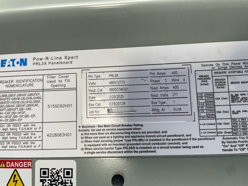 1-400 AMP 480V MAIN LUG PANELBOARD 42 SPACE 3PHASE 4 WIRE COMPLETE PANEL