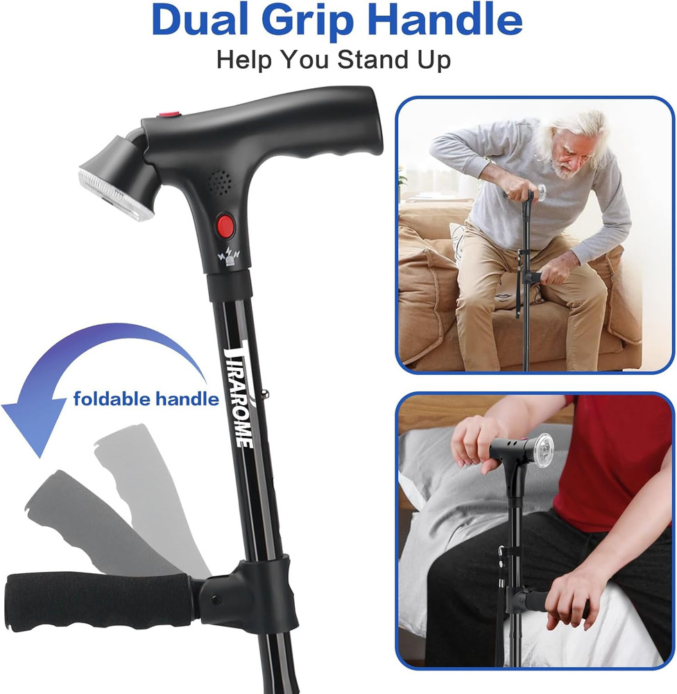 Adjustable 3-in-1 Folding Walking Cane with Alarm, Light & Second Handle