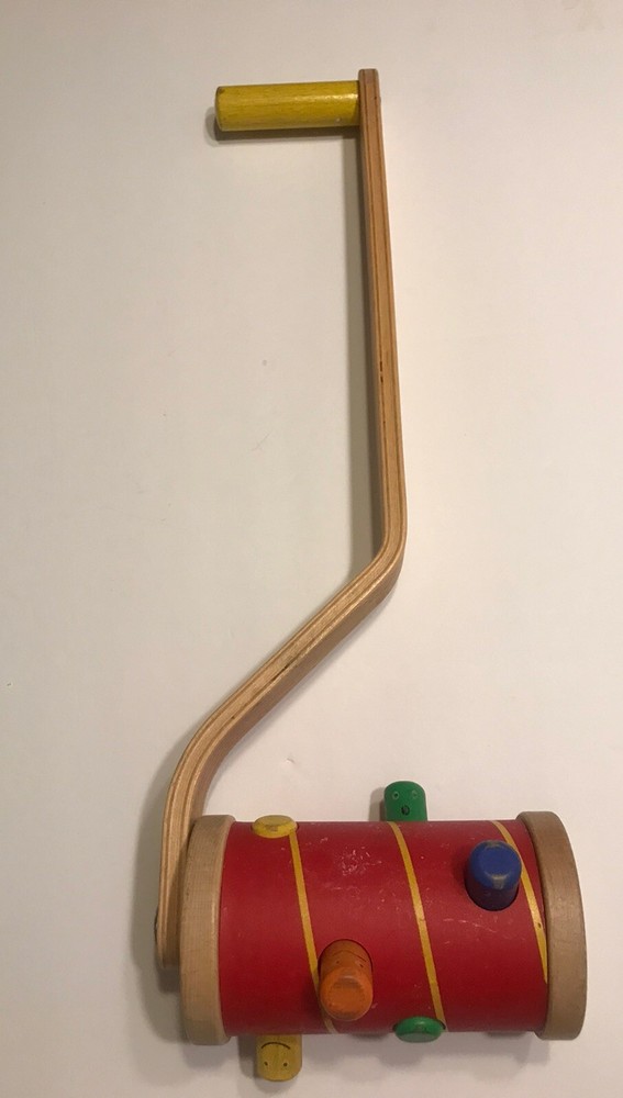 Vintage Child's Push Pull Toy Wood Wheel W/Pegs & Handle