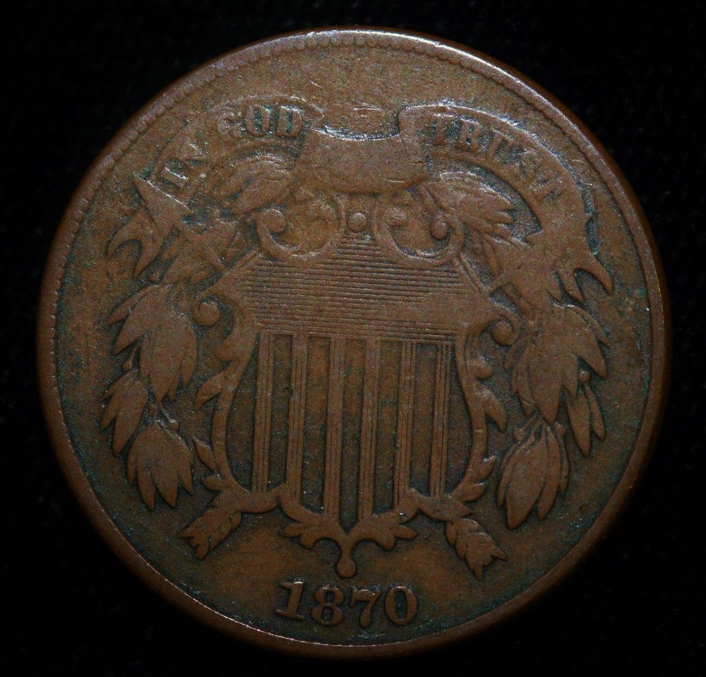1870 2C TWO CENT PIECE COIN BROWN - F