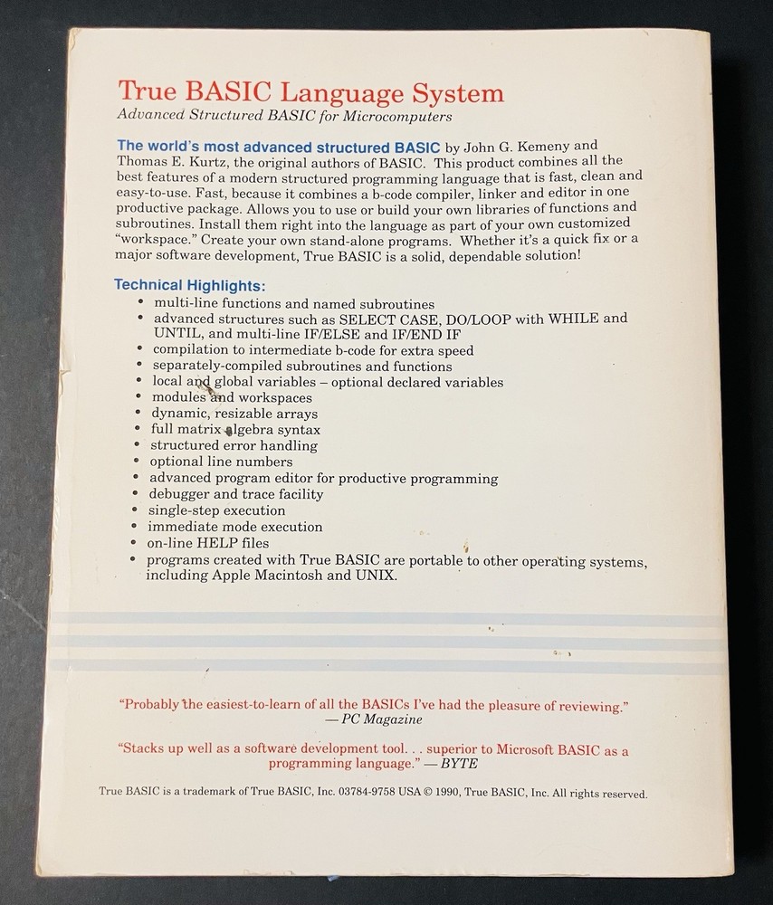 True BASIC v3.0 PC User Guide & Reference Manual Lot Kemeny Kurtz Vintage (1990)