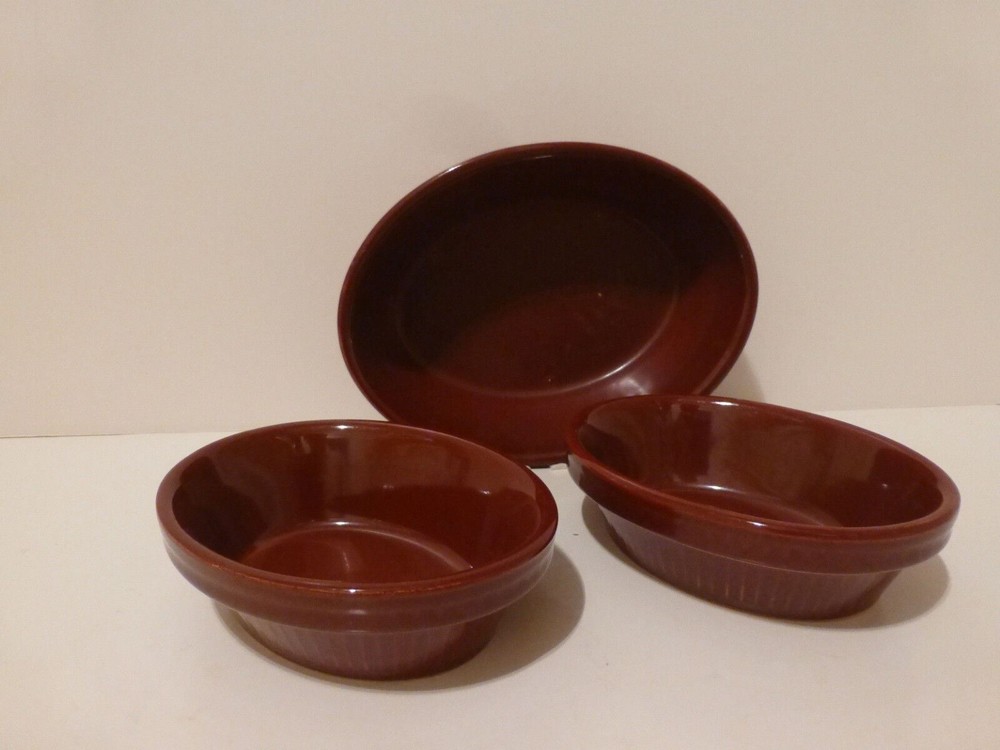 Brown Stoneware (3) Baking Custard Ramekin Dishes England (S5