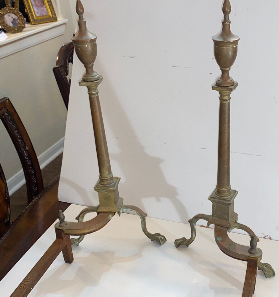 Federal Style Andirons For Fireplace Solid Brass & Cast Iron 25” H