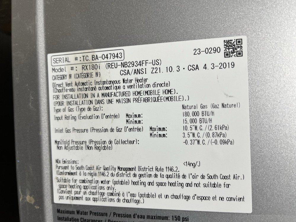 Rinnai RX180iN Smart Sense Nat Gas/Propane Tankless Water Heater (B-16 #1555)