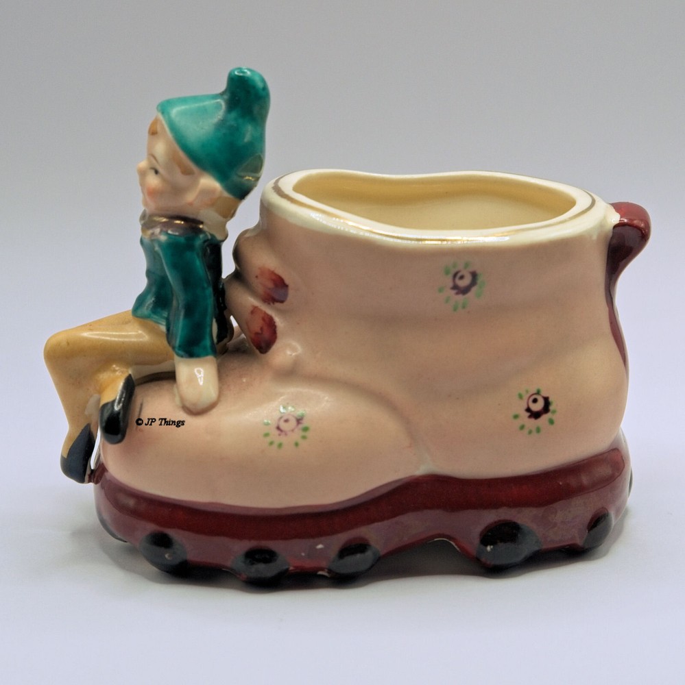 Whimsical Green Pixie Elf Figural Shoe Boot Ceramic Planter 1960s Kitsch Japan