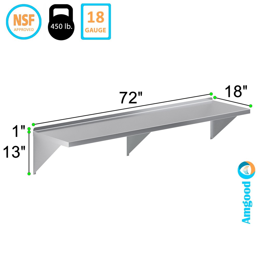 18" Width x 72" Length | Stainless Steel Wall Shelf | Square Edge