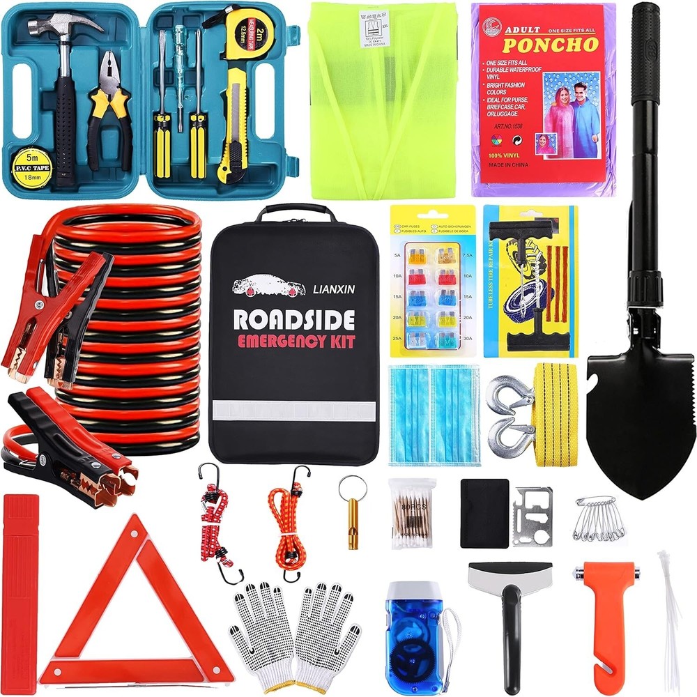 All-in-One Roadside Assistance Kit: Reflective Triangle, Tools & Jumper Cables