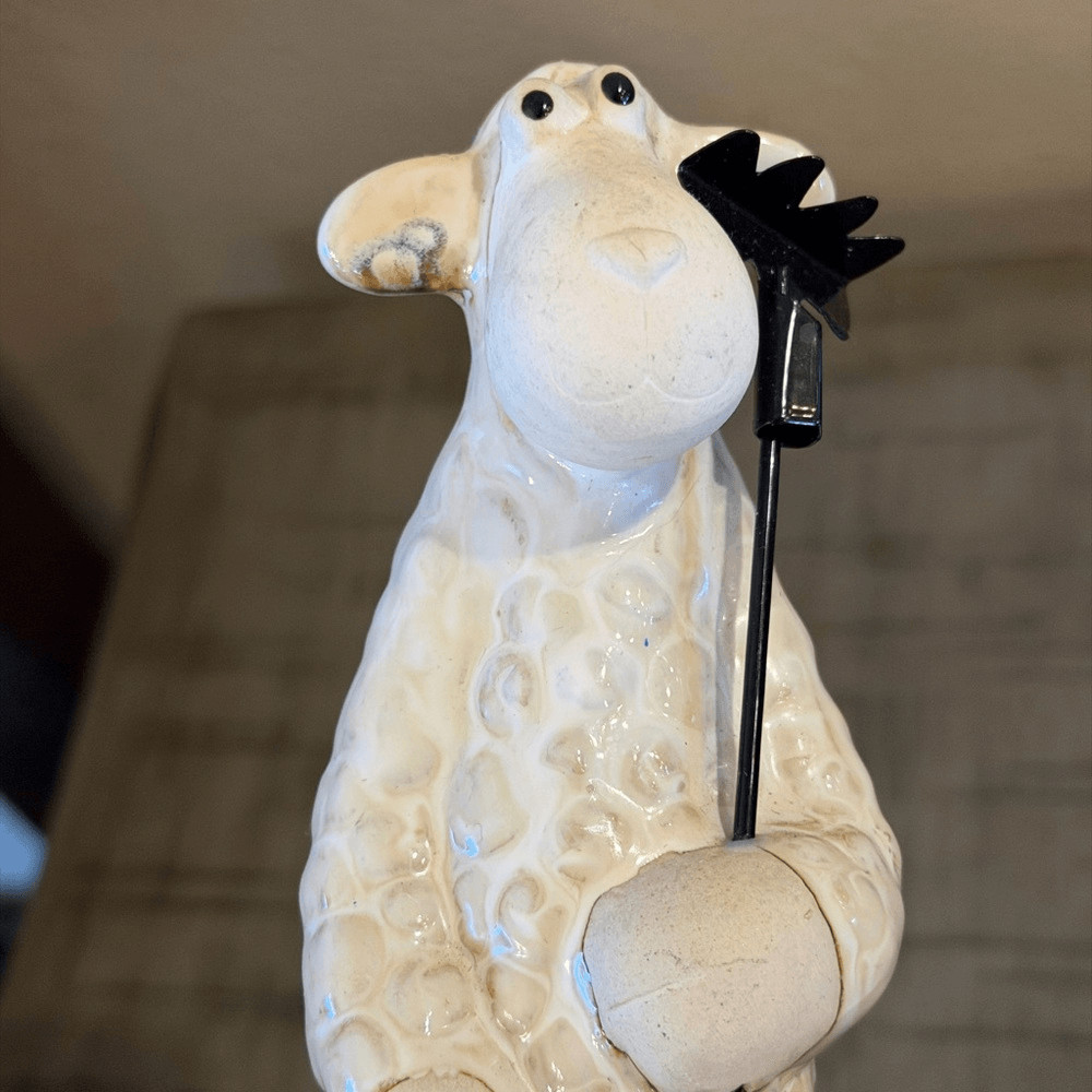 Ceramic Sheep Figurine with Black Staff