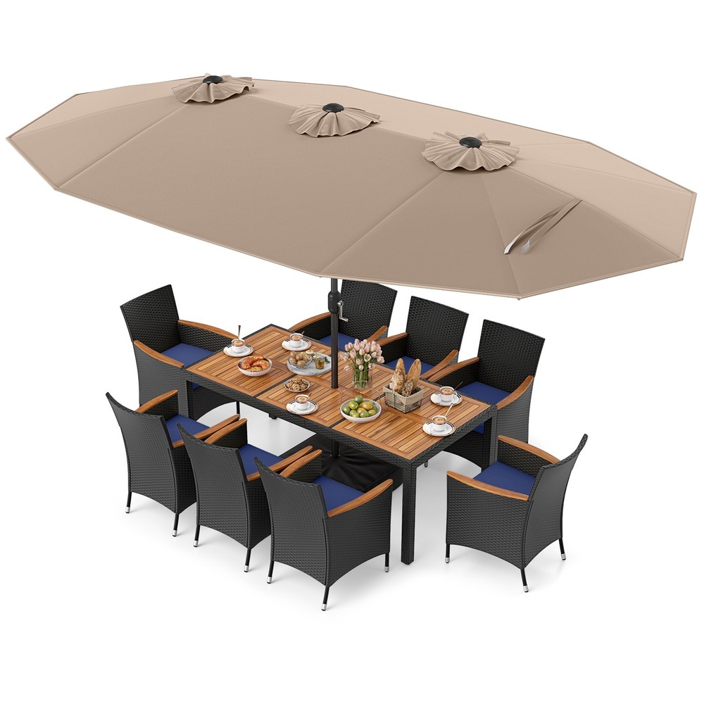 11 PCS Patio Wicker Dining Set w/Double-Sided Outdoor Umbrella 8 Stackable