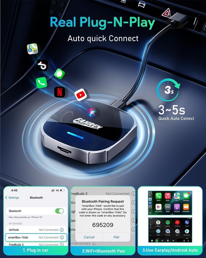 FAHREN Android 13 Wireless Apple CarPlay Android Auto AI Box Multimedia Adapter