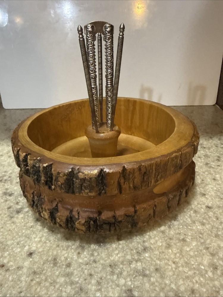 Vintage Rustic Ware Nut Cracker Bowl, Tree Bark, With 3 Picks And Nut Cracker