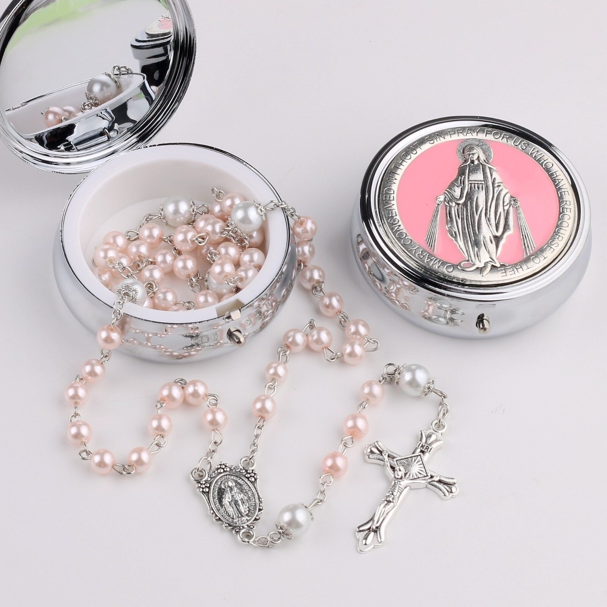 CT Rosary with 6mm Glass Pearl & 8mm Our Father Beads, Miraculous Metal Gift Box