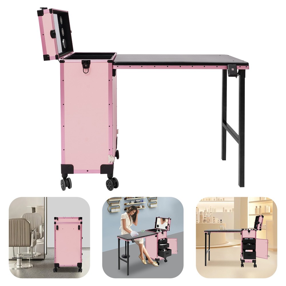 Rolling Makeup Case With Mirror Light Bluetooth Speaker Black Pink Lockable