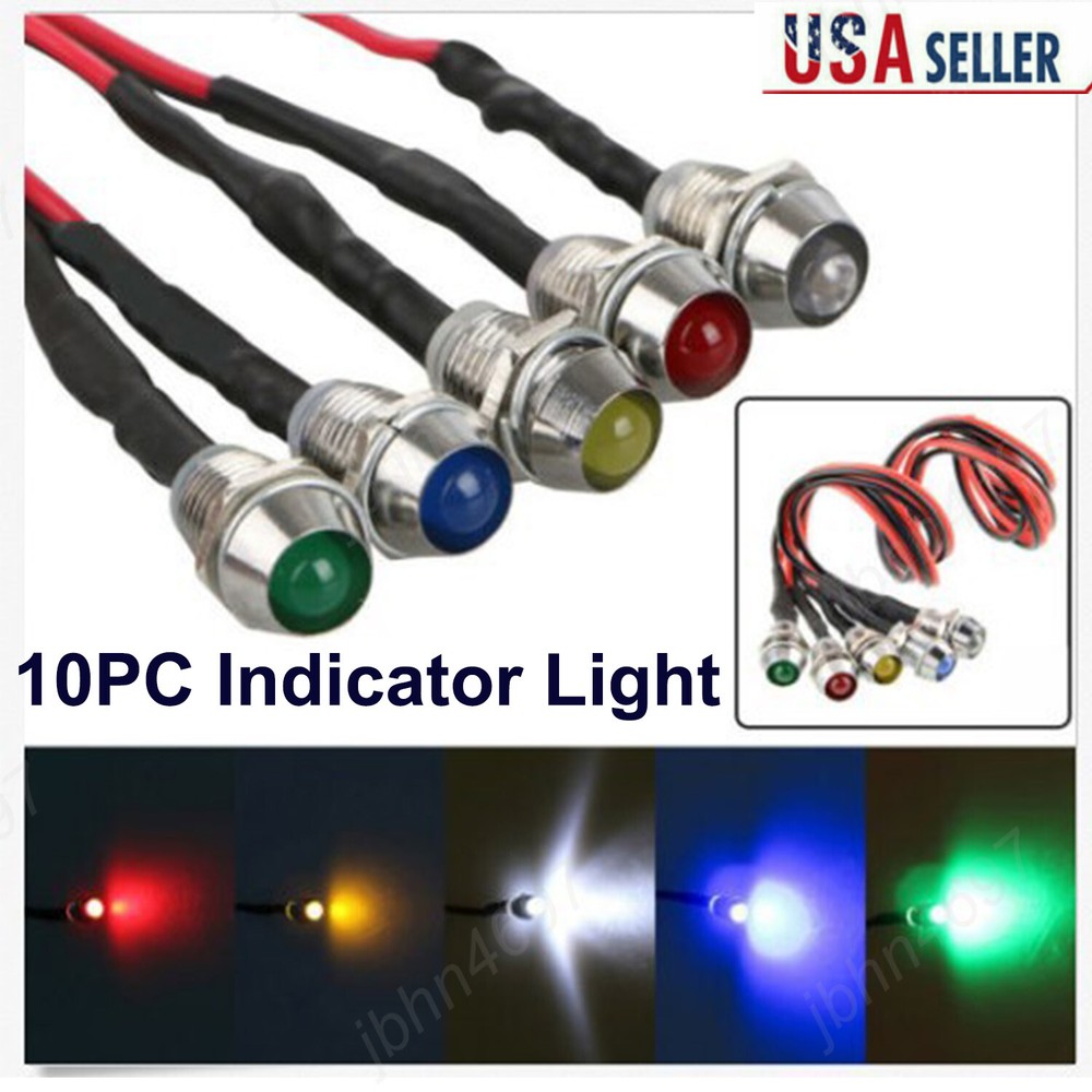 10PCS Car Boat LED Indicator Light 12V 8mm Pilot Dash Panel Warning Single Lamp