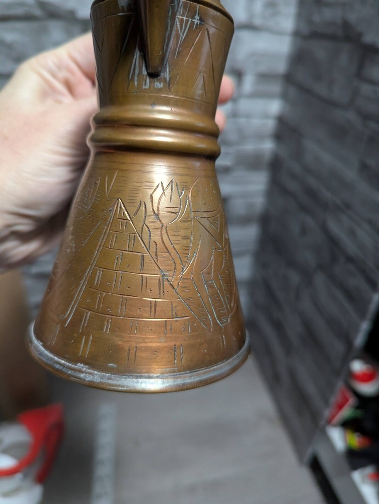 Vtg 6" Dallah Coffee Pot Etched Pyramids Sphinx Brass Copper Tea Egypt Pitcher