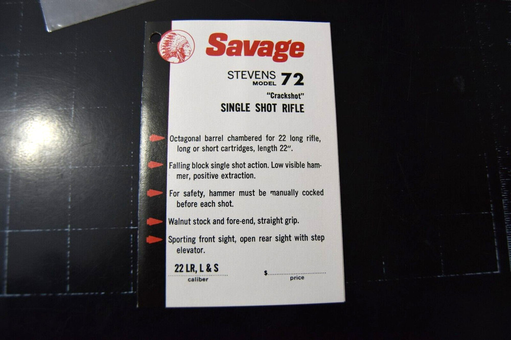 Savage Stevens Model 72 Crackshot ORIGINAL owner's instruction hang tag