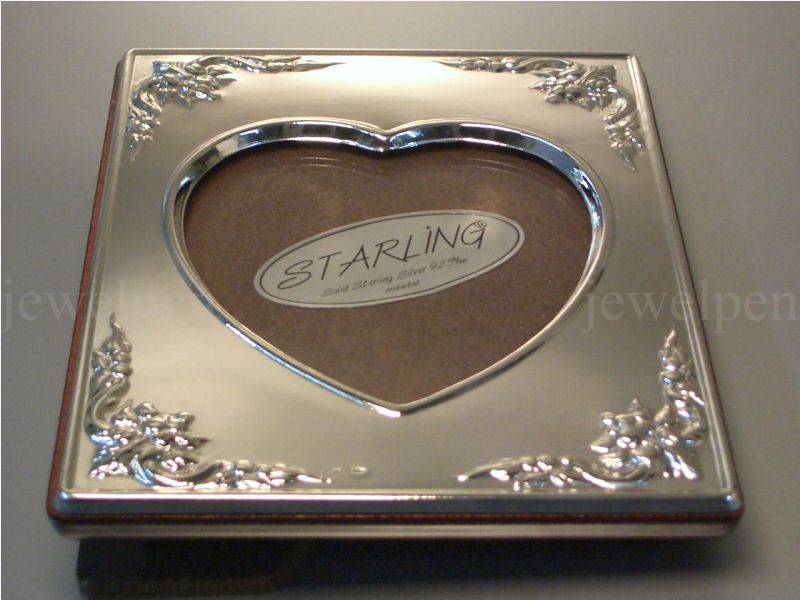 Large Elegant Heart Photo Frame Solid 925 STERLING SILVER Mahogany Back(V2)