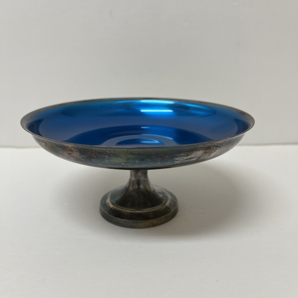 Vtg Oneida Silversmiths Silver Plated Candy Compote Dish w/Blue Green Enamel