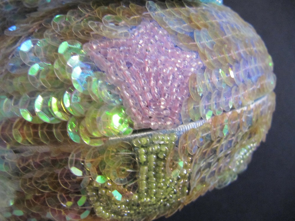 Sequin Beaded Easter GREEN Bunny Rabbit Egg Trinket Box Candy Container