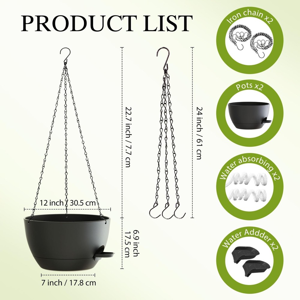 SQKH 12" Self-Watering Hanging Baskets Planters w/ Chains - 2 Pack