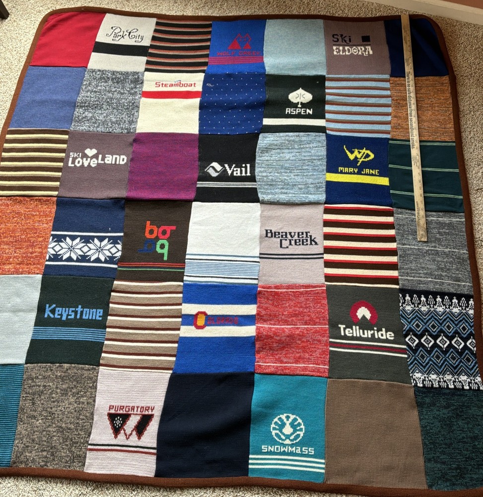 Ski Country Vintage Wool Patchwork Ski Throw Blanket CO Knitting Mills EUC