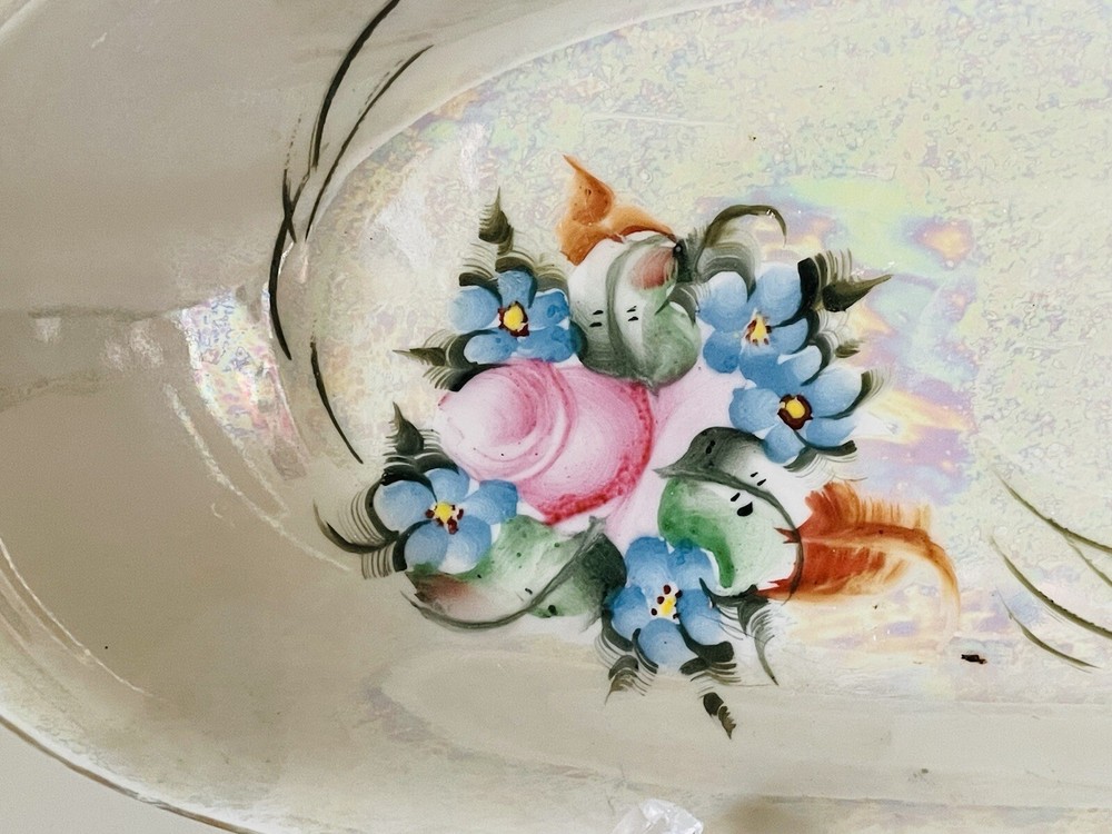 TK Czechoslovakia Hand Painted Lusterware Bread Celery Dish Iridescent Oval Dish