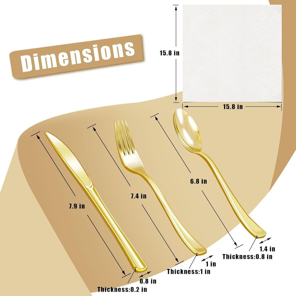 200PCS Disposable Pre-wrapped Silverware 50 Guests Elegant Gold Plastic