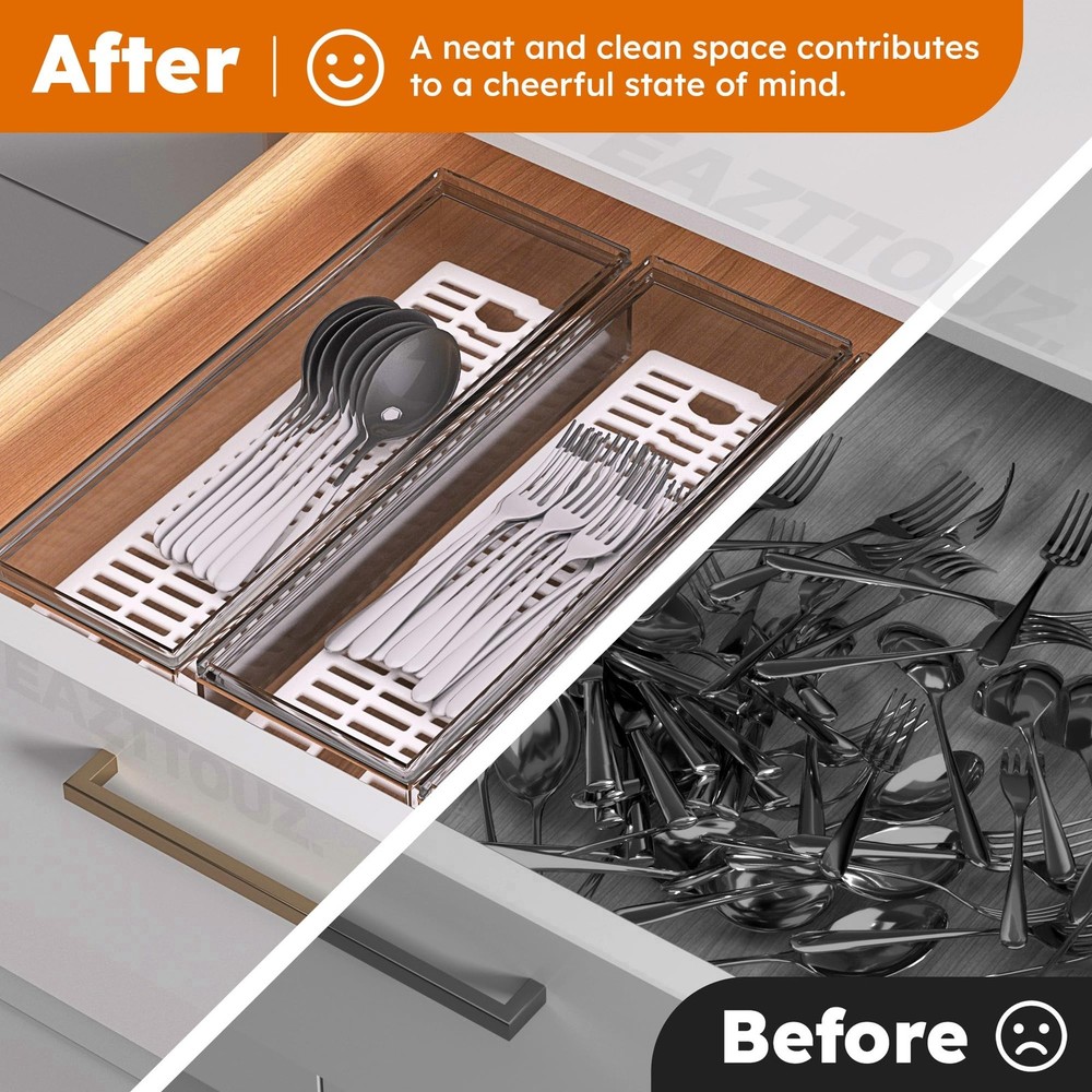 2 Pack Clear Silverware organizer with lid, Plastic Flatware Storage Box, Kit...