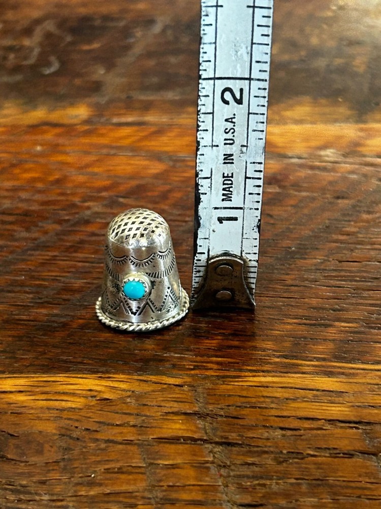 Vintage Sterling Silver Thimble With Turquoise Accent & Intricate Design
