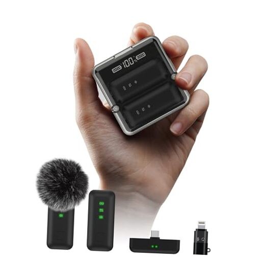 4Pcs Wireless Lavalier Microphone for iPhone with 2Pcs Charging Case, 1PC