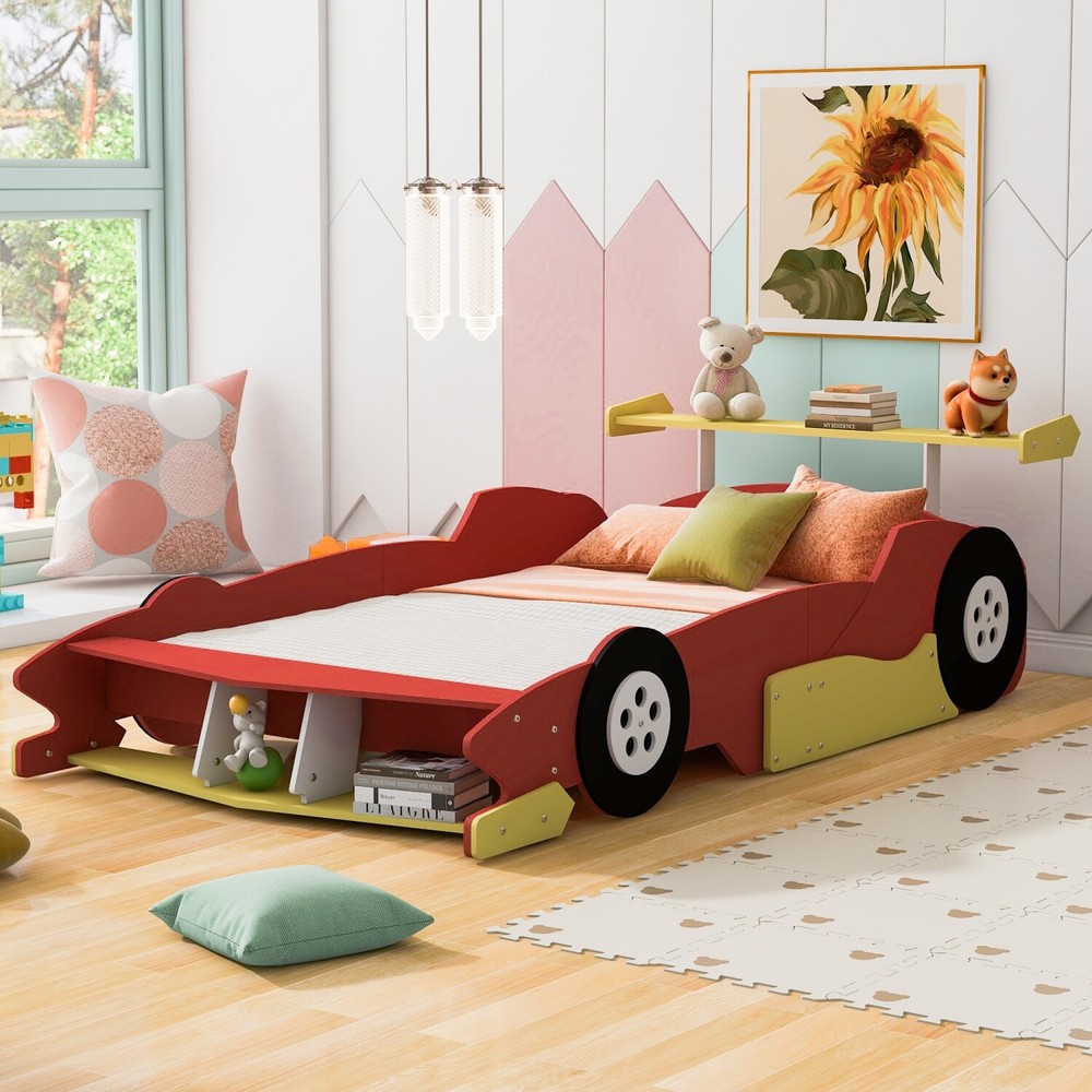 Full Size Bed Frame Wood Platform Bed Frame w/ Headboard & Wheels Red/Blue/Black