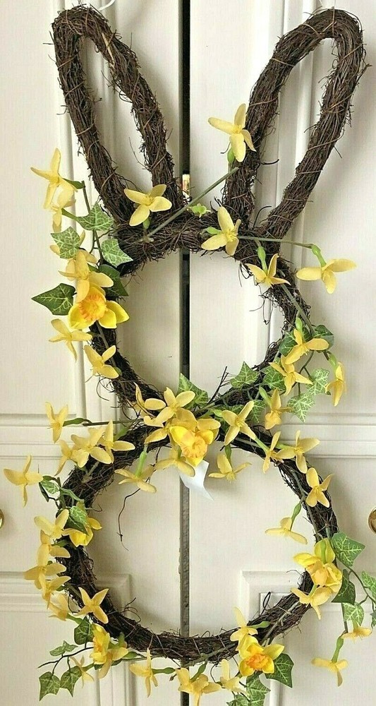 Grapevine Spring Easter Daffodil Bunny Rabbit Shaped Door Wall Hanger Wreath