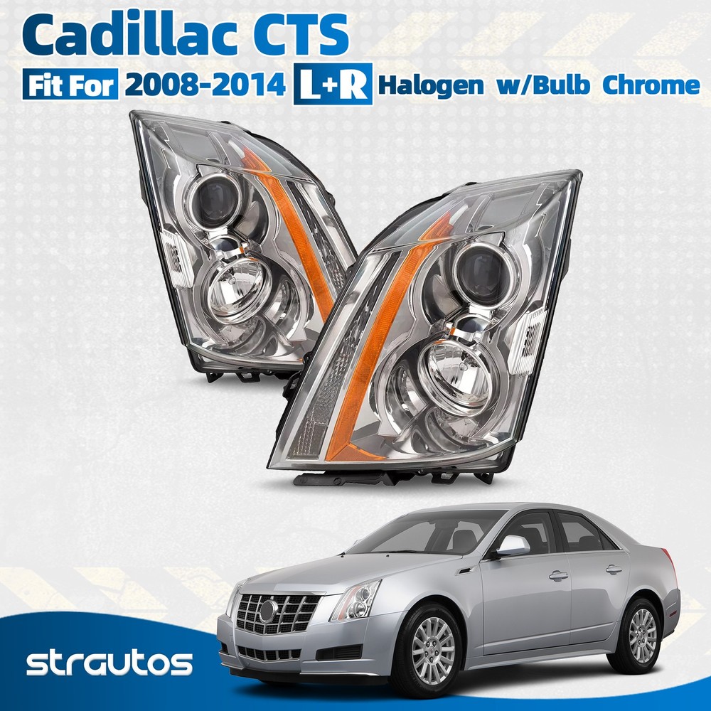 Halogen Headlight For 2008-2014 Cadillac CTS w/Bulb Chrome Left+Right Pair