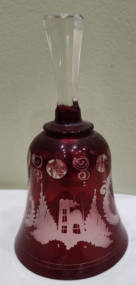 Czech Bohemian Ruby Red Scenic Crystal Cut To Clear Bell